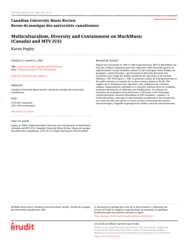 Multiculturalism, Diversity and Containment on Muchmusic (Canada) and MTV (US) Karen Pegley