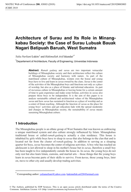 Architecture of Surau and Its Role in Minang- Kabau Society: the Case of Surau Lubuak Bauak Nagari Batipuah Baruah, West Sumatra