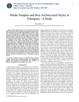 Hindu Temples and Their Architectural Styles in Telangana - a Study