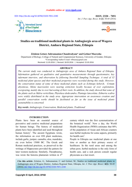 Studies on Traditional Medicinal Plants in Ambagiorgis Area of Wogera District, Amhara Regional State, Ethiopia