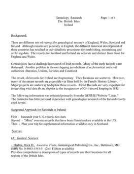 Genealogy Research Page 1 of 4 the British Isles Ireland Background