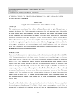 RIVER POLLUTION in the CITY of MUTARE (ZIMBABWE) and ITS IMPLICATIONS for SUSTAINABLE DEVELOPMENT Jemitias Mapira Geography