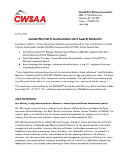 Canada West Ski Areas Association 2017 Awards Recipients