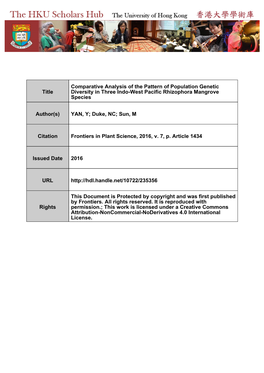 Comparative Analysis of the Pattern of Population Genetic Title Diversity in Three Indo-West Pacific Rhizophora Mangrove Species