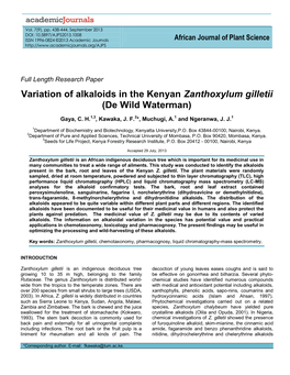 Variation of Alkaloids in the Kenyan Zanthoxylum Gilletii (De Wild Waterman)