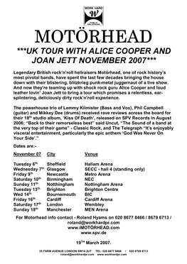 Motörhead ***Uk Tour with Alice Cooper and Joan Jett November 2007***