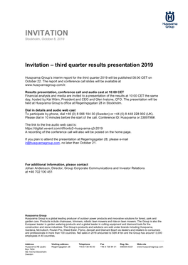 Invitation – Third Quarter Results Presentation 2019