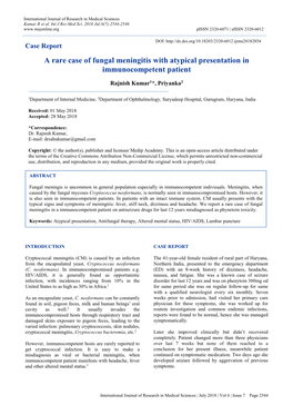 A Rare Case of Fungal Meningitis with Atypical Presentation in Immunocompetent Patient