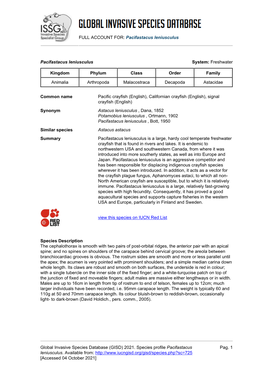 Pacifastacus Leniusculus Global Invasive Species Database (GISD)