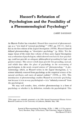 Husserl's Refutation of Psychologism and the Possibility of A
