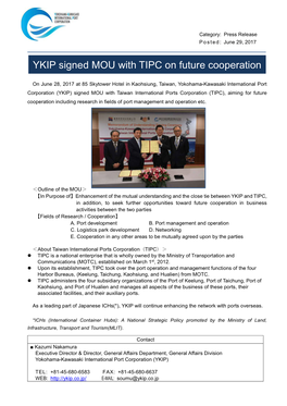 YKIP Signed MOU with TIPC on Future Cooperation