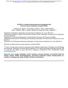 ALOXE3 Is a Hepatic Fasting-Responsive Lipoxygenase That Enhances Insulin Sensitivity Via Hepatic Pparg