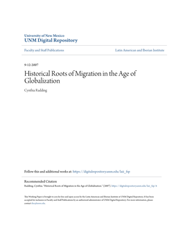 Historical Roots of Migration in the Age of Globalization Cynthia Radding