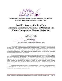Food Preference of Indian Palm Squirrel Funambulus Palmarum As Observed in a House Courtyard at Bikaner, Rajasthan