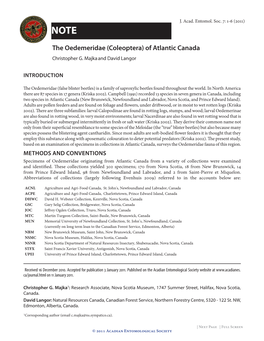The Oedemeridae (Coleoptera) of Atlantic Canada Christopher G