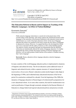 The Education Reform in Russia and Its Impact on Teaching of the Minority Languages: an Effect of Nation-Building?