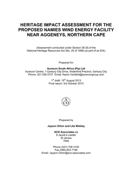 Heritage Impact Assessment for the Proposed Namies Wind Energy Facility Near Aggeneys, Northern Cape