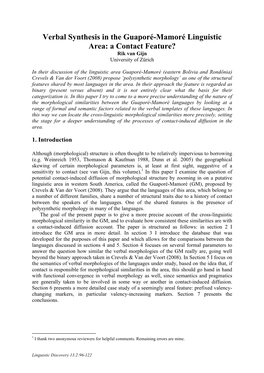 Verbal Synthesis in the Guaporé-Mamoré Linguistic Area: a Contact Feature? Rik Van Gijn University of Zürich