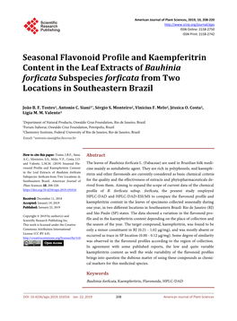 Seasonal Flavonoid Profile and Kaempferitrin Content in the Leaf Extracts of Bauhinia Forficata Subspecies Forficata from Two Locations in Southeastern Brazil