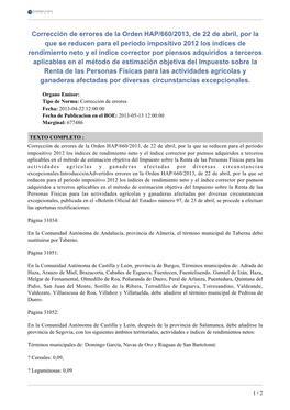 Corrección De Errores De La Orden HAP/660/2013, De 22 De Abril, Por