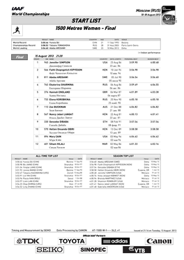 START LIST 1500 Metres Women - Final