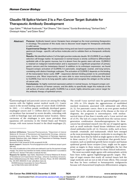 Claudin-18 Splice Variant 2 Is a Pan-Cancer Target Suitable for Therapeutic Antibody Development