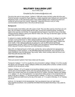 Military Callsign List As of April 2009