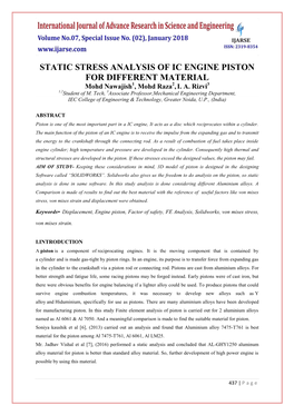 STATIC STRESS ANALYSIS of IC ENGINE PISTON for DIFFERENT MATERIAL Mohd Nawajish1, Mohd Raza2, I