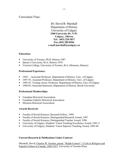 Dr. David B. Marshall Department of History University of Calgary 2500 University Dr