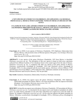 A New Species of Ethobunus Chamberlin, 1925 (Opiliones: Zalmoxidae) from Oaxaca, Mexico, with Taxonomic Notes on Mexican Species of the Genus