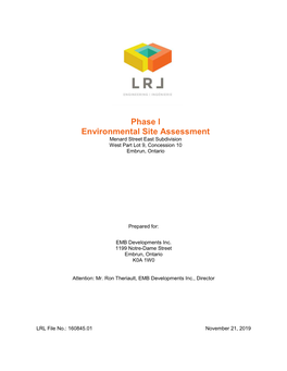 Phase L Environmental Site Assessment Menard Street East Subdivision West Part Lot 9, Concession 10 Embrun, Ontario