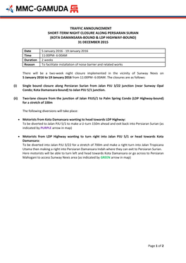 Traffic Announcement Short-Term Night Closure Along Persiaran Surian (Kota Damansara-Bound & Ldp Highway-Bound) 31 December