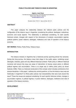 PUBLIC POLICIES and TOBACCO ISSUE in ARGENTINA ABSTRACT This Paper Analyzes the Relationship Between the National Public Policie