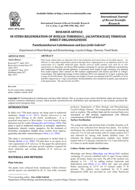 ACANTHACEAE) THROUGH DIRECT ORGANOGENESIS Painthamizharasi Lakshmanan and Jeya Jothi Gabriel*