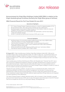 ASX:VBA) in Relation to the Virgin Australia Group of Airlines (Formerly the Virgin Blue Group of Airlines