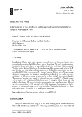 Determination of Nicotine Levels in the Leaves of Some Nicotiana Tabacum Varieties Cultivated in Syria