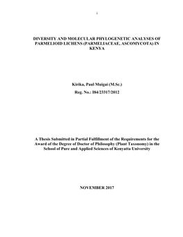 Diversity and Phylogenetic Analyses in Parmelioid Lichens in Kenya