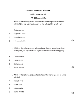 Chemical Changes and Structure Acids, Bases and Ph NAT 5