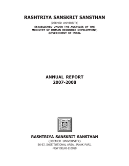 Rashtriya Sanskrit Sansthan (Deemed University) Established Under the Auspices of the Ministry of Human Resource Development, Government of India