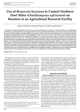 Use of Beauveria Bassiana to Control Northern Fowl Mites (Ornithonyssus Sylviarum) on Roosters in an Agricultural Research Facility