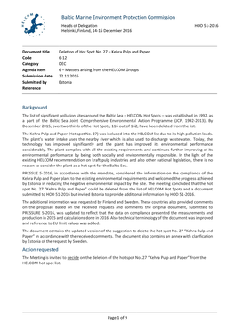 Kehra Pulp and Paper Code 6-12 Category DEC Agenda Item 6 – Matters Arising from the HELCOM Groups Submission Date 22.11.2016 Submitted by Estonia Reference