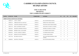 2014 CSEC Regional Merit List by Subject