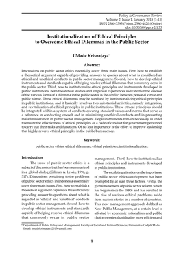 Institutionalization of Ethical Principles to Overcome Ethical Dilemmas in the Public Sector
