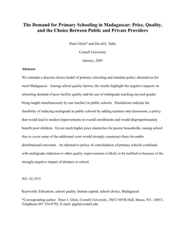 The Demand for Primary Schooling in Madagascar: Price, Quality, and the Choice Between Public and Private Providers