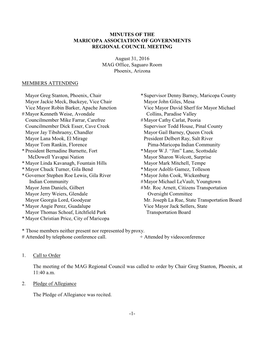 MINUTES of the MARICOPA ASSOCIATION of GOVERNMENTS REGIONAL COUNCIL MEETING August 31, 2016 MAG Office, Saguaro Room Phoenix, Ar