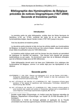 Bibliographie Des Hyménoptères De Belgique Précédée De Notices Biographiques (1827-2000) Seconde Et Troisième Parties