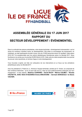 Assemblee Generale DU 17 JUIN 2017 RAPPORT DU SECTEUR Developpement / ÉVÊNEMENTIEL