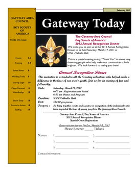 Gateway Today of AMERICA the Gateway Area Council Inside This Issue: Boy Scouts of America 2012 Annual Recognition Dinner