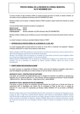 Proces Verbal De La Reunion Du Conseil Municipal Du 07 Novembre 2016