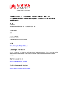 Research Article the Potential of Tasmannia Lanceolata As a Natural Preservative and Medicinal Agent: Antimicrobial Activity